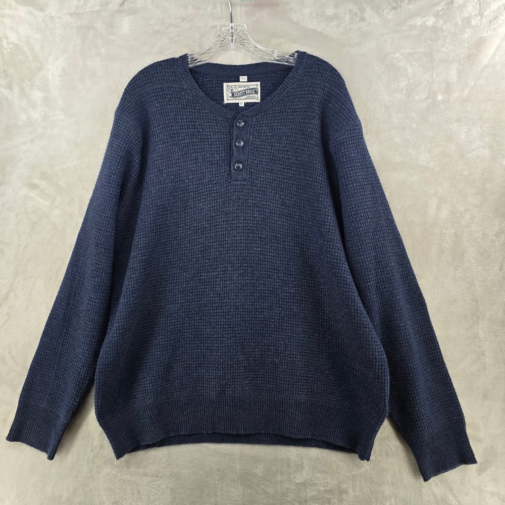 Schott Bros Henley Wool Sweater Mens XL Navy Blue Waffle Knit Pullover